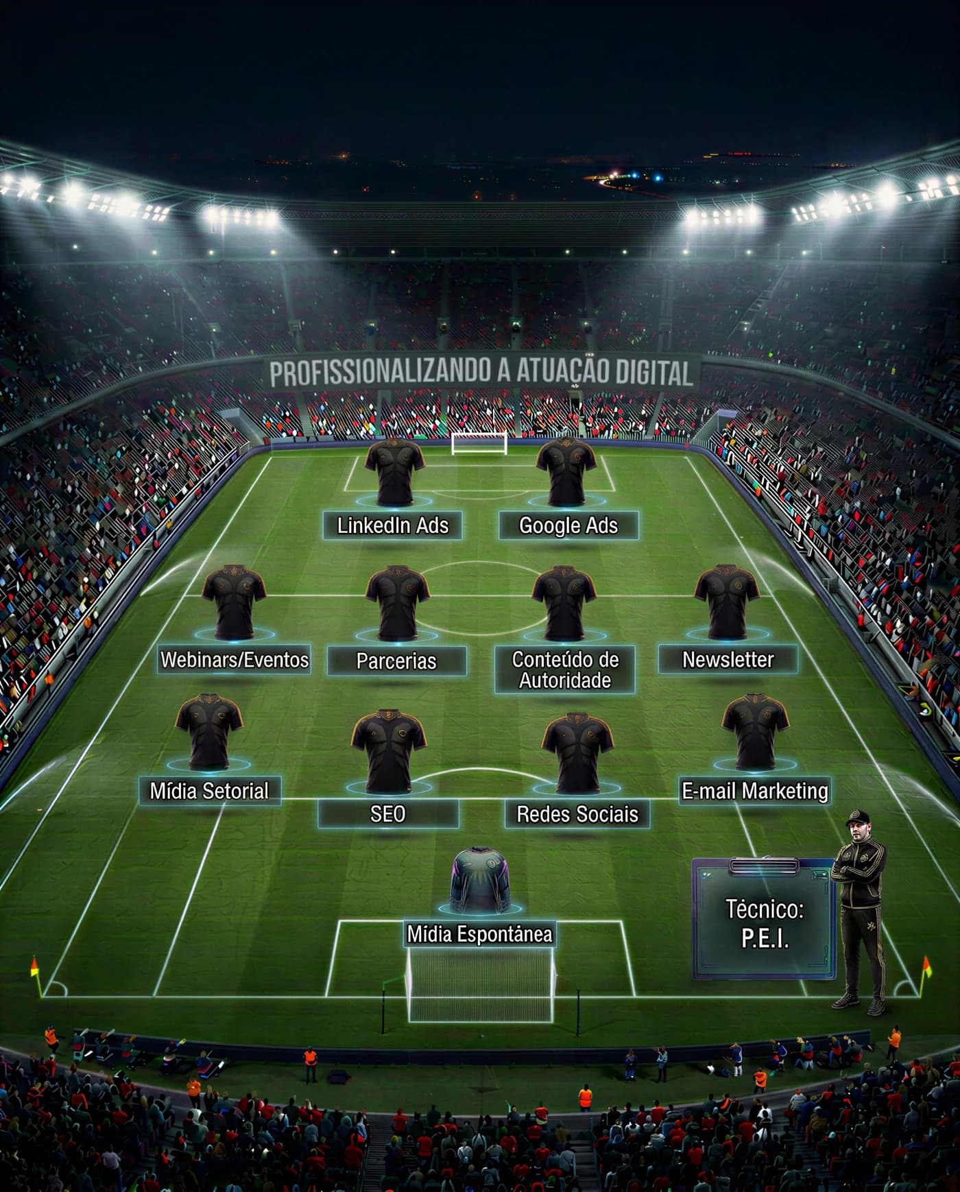Escalação 4-4-2 da divulgação digital: os canais em suas posições em campo